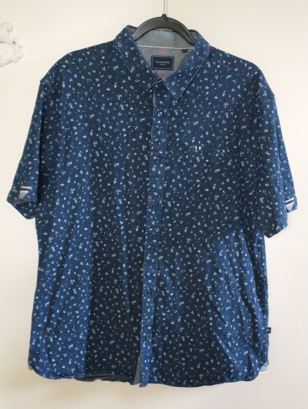 7 Diamonds Chambray Denim Short-Sleeve Floral Button-Down Shirt XL